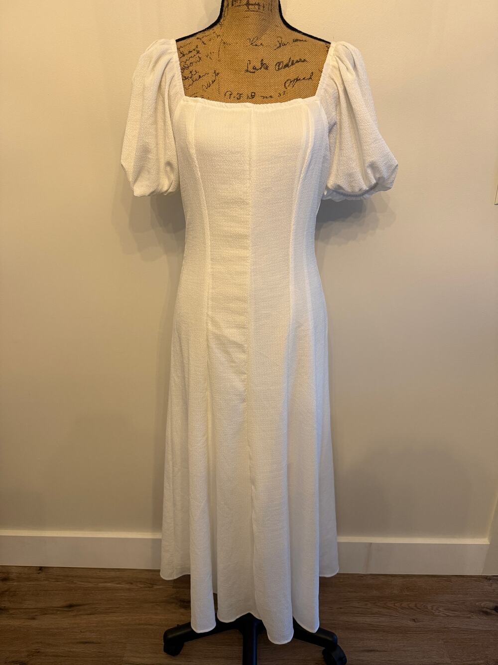 Shein White Midi Dress with Square Neckline and Puffed Sleeves Size Large